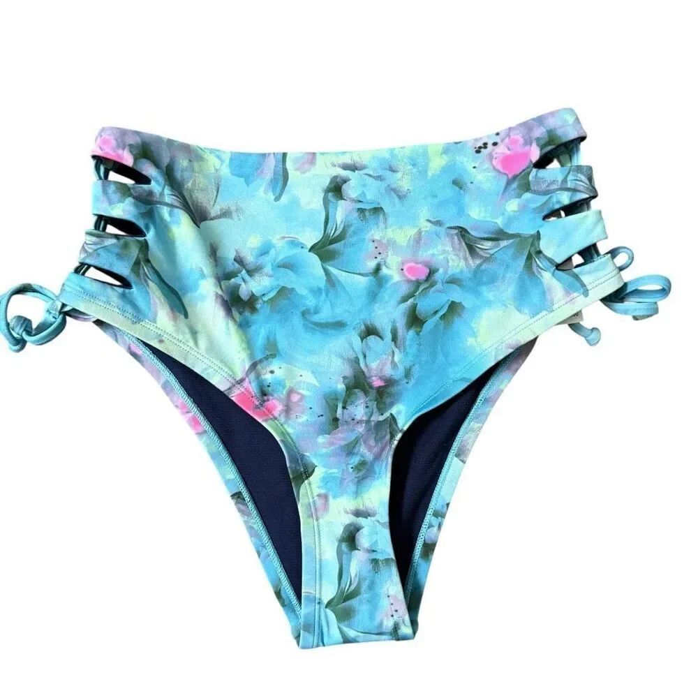 Nike Women Aqua Floral Lace Up Bikini Bottom size L NWT